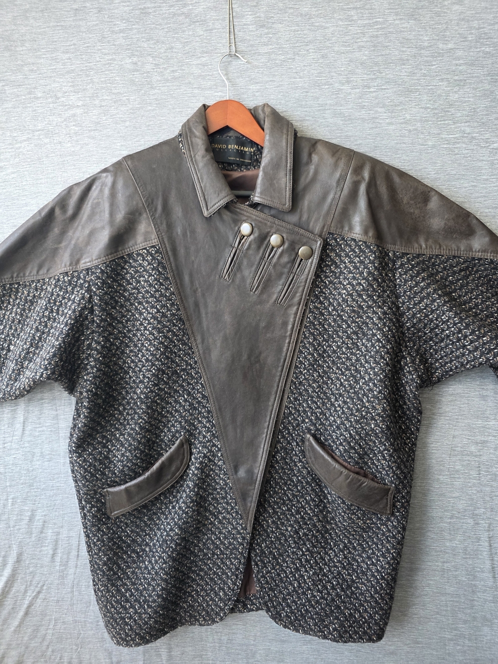 Vintage David Benjamin Collection Leather Wool Tweed Jacket Size 12 Made Uruguay